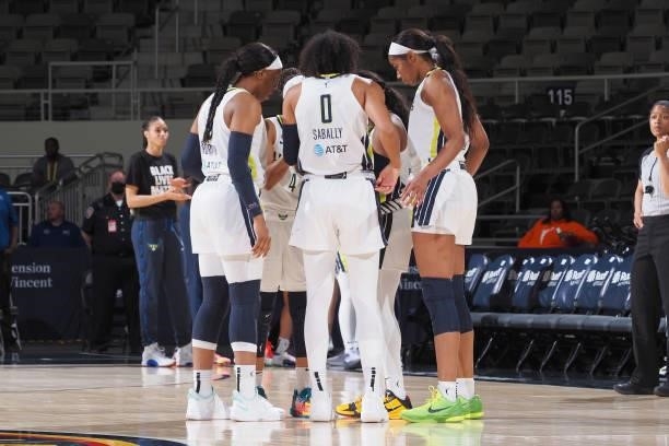 The Dallas Wings huddle up before the game against the Indiana Fever on June 24, 2021 at Indiana Farmers Coliseum in Indianapolis, Indiana. NOTE TO...