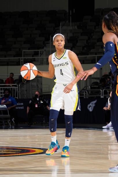 Moriah Jefferson of the Dallas Wings handles the ball against the Indiana Fever on June 24, 2021 at Indiana Farmers Coliseum in Indianapolis,...