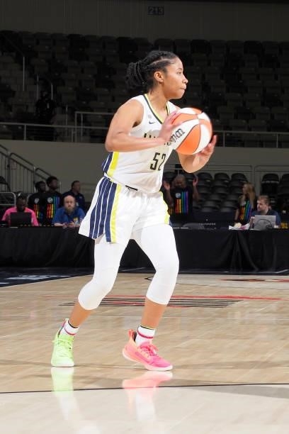 Tyasha Harris of the Dallas Wings handles the ball against the Indiana Fever on June 24, 2021 at Indiana Farmers Coliseum in Indianapolis, Indiana....
