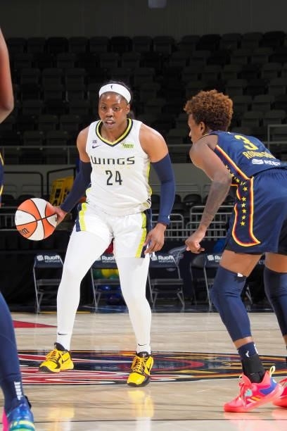 Danielle Robinson of the Indiana Fever plays defense on Arike Ogunbowale of the Dallas Wings on June 24, 2021 at Indiana Farmers Coliseum in...