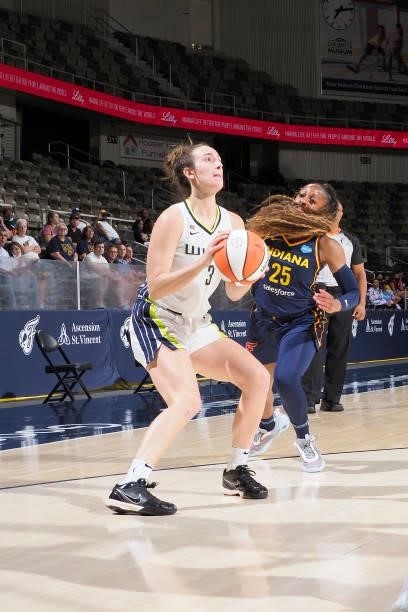 Marina Mabrey of the Dallas Wings handles the ball against the Indiana Fever on June 24, 2021 at Indiana Farmers Coliseum in Indianapolis, Indiana....