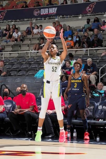 Tyasha Harris of the Dallas Wings shoots the ball against the Indiana Fever on June 24, 2021 at Indiana Farmers Coliseum in Indianapolis, Indiana....