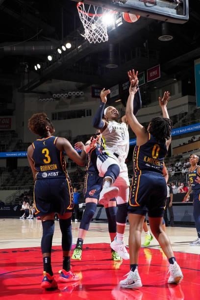 Kayla Thornton of the Dallas Wings shoots the ball against the Indiana Fever on June 24, 2021 at Indiana Farmers Coliseum in Indianapolis, Indiana....