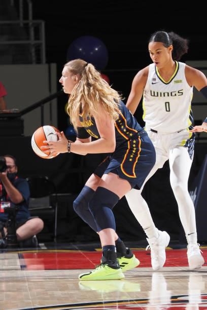 Satou Sabally of the Dallas Wings plays defense on Lauren Cox of the Indiana Fever on June 24, 2021 at Indiana Farmers Coliseum in Indianapolis,...