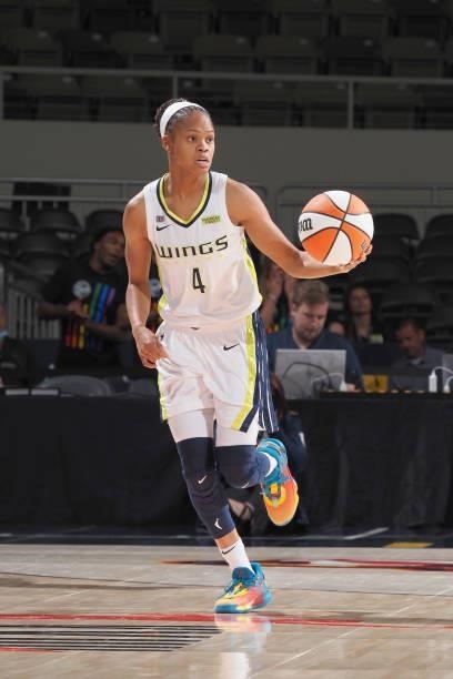 Moriah Jefferson of the Dallas Wings dribbles the ball against the Indiana Fever on June 24, 2021 at Indiana Farmers Coliseum in Indianapolis,...