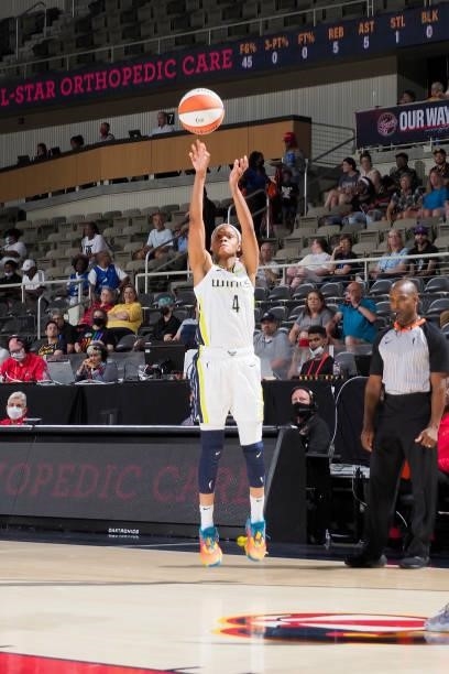 Moriah Jefferson of the Dallas Wings shoots the ball against the Indiana Fever on June 24, 2021 at Indiana Farmers Coliseum in Indianapolis, Indiana....