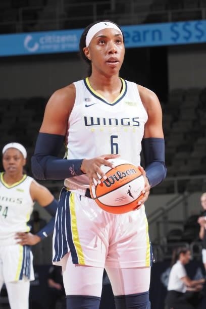 Kayla Thornton of the Dallas Wings looks to shoot a free throw against the Indiana Fever on June 24, 2021 at Indiana Farmers Coliseum in...