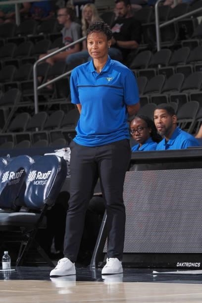 Head Coach Vickie Johnson of the Dallas Wings looks on during the game against the Indiana Fever on June 24, 2021 at Indiana Farmers Coliseum in...