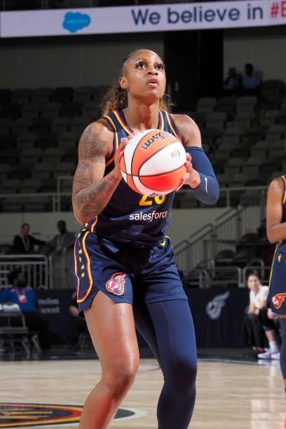 Tiffany Mitchell of the Indiana Fever looks to shoot a free throw against the Dallas Wings on June 24, 2021 at Indiana Farmers Coliseum in...