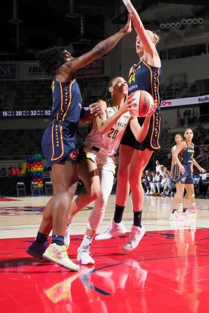 Isabelle Harrison of the Dallas Wings drives to the basket against the Indiana Fever on June 24, 2021 at Indiana Farmers Coliseum in Indianapolis,...