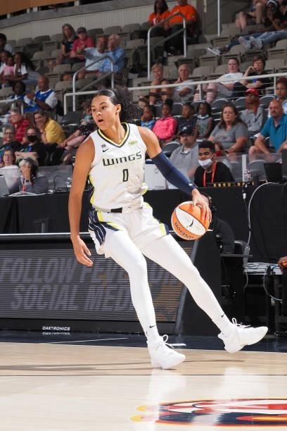 Satou Sabally of the Dallas Wings handles the ball against the Indiana Fever on June 24, 2021 at Indiana Farmers Coliseum in Indianapolis, Indiana....