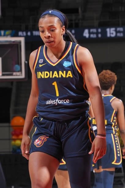 Aaliyah Wilson of the Indiana Fever looks down during the game against the Dallas Wings on June 24, 2021 at Indiana Farmers Coliseum in Indianapolis,...
