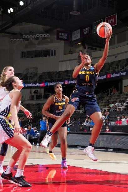 Kelsey Mitchell of the Indiana Fever drives to the basket against the Dallas Wings on June 24, 2021 at Indiana Farmers Coliseum in Indianapolis,...