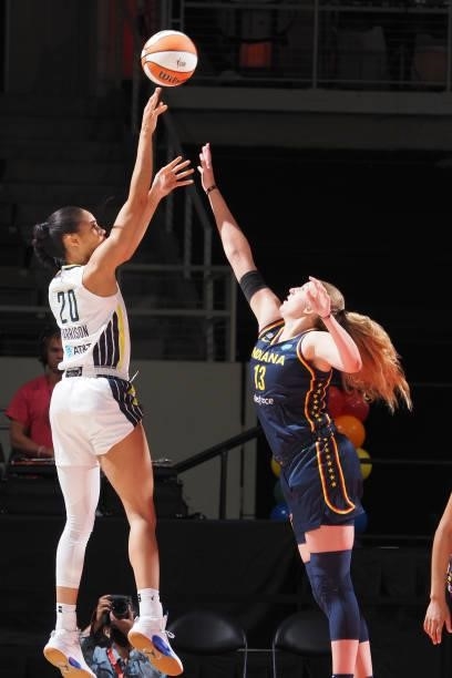 Isabelle Harrison of the Dallas Wings shoots the ball over Lauren Cox of the Indiana Fever on June 24, 2021 at Indiana Farmers Coliseum in...