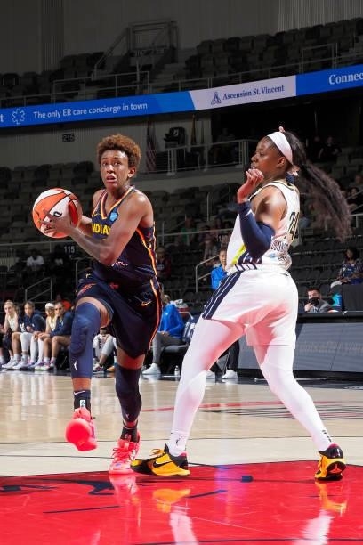 Danielle Robinson of the Indiana Fever drives to the basket against the Dallas Wings on June 24, 2021 at Indiana Farmers Coliseum in Indianapolis,...