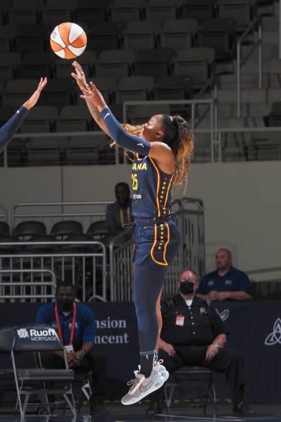 Tiffany Mitchell of the Indiana Fever shoots the ball against the Dallas Wings on June 24, 2021 at Indiana Farmers Coliseum in Indianapolis, Indiana....