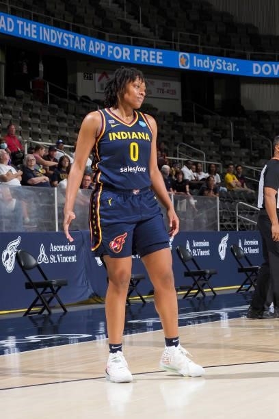Kelsey Mitchell of the Indiana Fever looks on during the game against the Dallas Wings on June 24, 2021 at Indiana Farmers Coliseum in Indianapolis,...