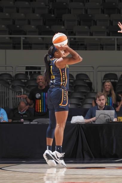 Aaliyah Wilson of the Indiana Fever shoots the ball against the Dallas Wings on June 24, 2021 at Indiana Farmers Coliseum in Indianapolis, Indiana....