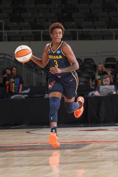 Danielle Robinson of the Indiana Fever dribbles the ball against the Dallas Wings on June 24, 2021 at Indiana Farmers Coliseum in Indianapolis,...