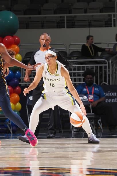 Allisha Gray of the Dallas Wings handles the ball against the Indiana Fever on June 24, 2021 at Indiana Farmers Coliseum in Indianapolis, Indiana....