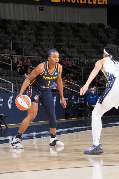 Aaliyah Wilson of the Indiana Fever handles the ball against the Dallas Wings on June 24, 2021 at Indiana Farmers Coliseum in Indianapolis, Indiana....