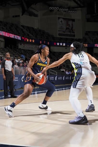 Allisha Gray of the Dallas Wings plays defense on Aaliyah Wilson of the Indiana Fever on June 24, 2021 at Indiana Farmers Coliseum in Indianapolis,...