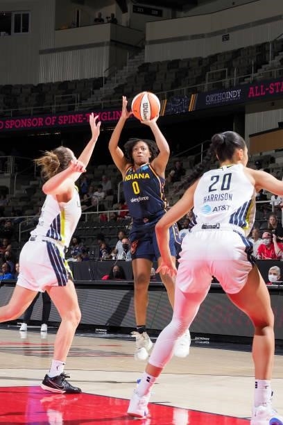 Kelsey Mitchell of the Indiana Fever shoots the ball against the Dallas Wings on June 24, 2021 at Indiana Farmers Coliseum in Indianapolis, Indiana....