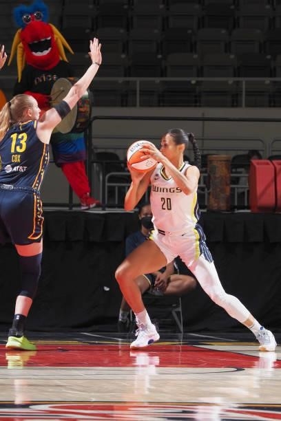 Lauren Cox of the Indiana Fever plays defense on Isabelle Harrison of the Dallas Wings on June 24, 2021 at Indiana Farmers Coliseum in Indianapolis,...