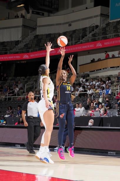 Jantel Lavender of the Indiana Fever shoots the ball over Isabelle Harrison of the Dallas Wings on June 24, 2021 at Indiana Farmers Coliseum in...