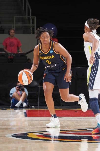 Kelsey Mitchell of the Indiana Fever dribbles the ball against the Dallas Wings on June 24, 2021 at Indiana Farmers Coliseum in Indianapolis,...
