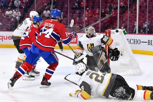 June 24: Goalie Robin Lehner of the Vegas Golden Knights makes a save on a shot by Nick Suzuki of the Montreal Canadiens in Game Six of the Stanley...