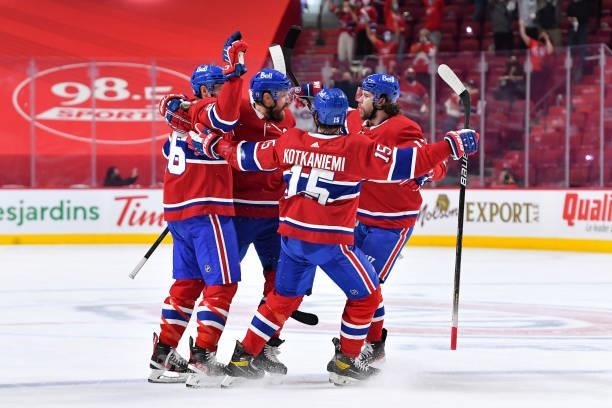 June 24: Shea Weber of the Montreal Canadiens celebrates with teammates after scoring a goal against the Vegas Golden Knights in Game Six of the...