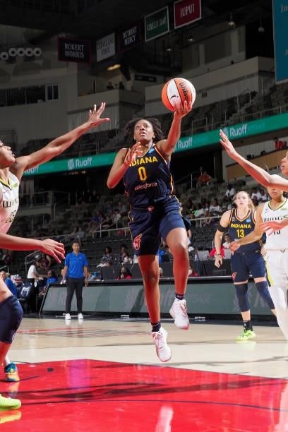 Kelsey Mitchell of the Indiana Fever drives to the basket against the Dallas Wings on June 24, 2021 at Indiana Farmers Coliseum in Indianapolis,...