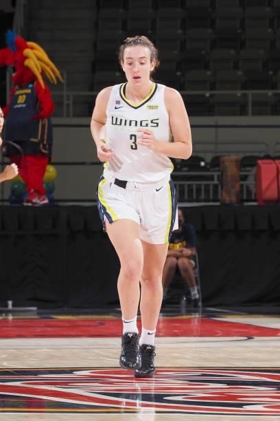 Marina Mabrey of the Dallas Wings runs down the court against the Indiana Fever on June 24, 2021 at Indiana Farmers Coliseum in Indianapolis,...
