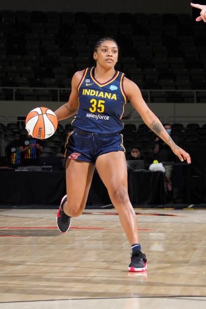 Victoria Vivians of the Indiana Fever handles the ball against the Dallas Wings on June 24, 2021 at Indiana Farmers Coliseum in Indianapolis,...