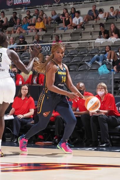 Jantel Lavender of the Indiana Fever dribbles the ball against the Dallas Wings on June 24, 2021 at Indiana Farmers Coliseum in Indianapolis,...