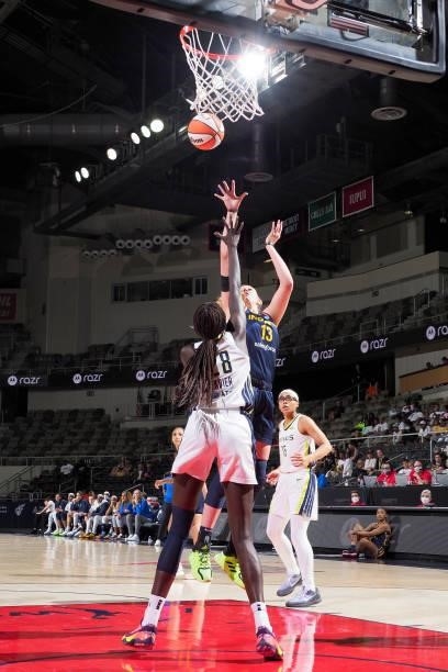 Lauren Cox of the Indiana Fever shoots the ball against the Dallas Wings on June 24, 2021 at Indiana Farmers Coliseum in Indianapolis, Indiana. NOTE...
