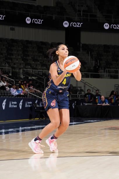 Kysre Gondrezick of the Indiana Fever looks to shoot the ball against the Dallas Wings on June 24, 2021 at Indiana Farmers Coliseum in Indianapolis,...