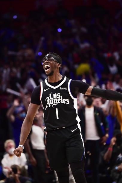 Reggie Jackson of the LA Clippers celebrates during the game against the Phoenix Suns during Game 3 of the Western Conference Finals of the 2021 NBA...