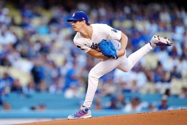 Walker Buehler of the Los Angeles Dodger pitches during the game between the Chicago Cubs and the Los Angeles Dodgers at Dodgers Stadium on Thursday,...