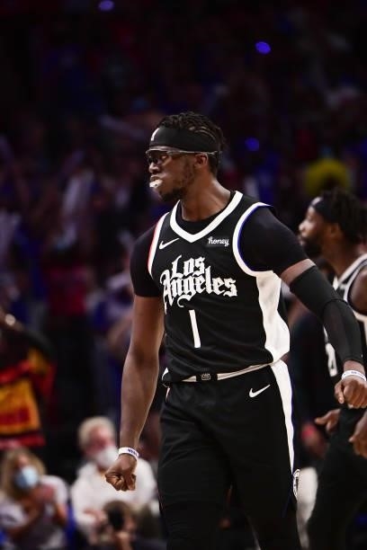 Reggie Jackson of the LA Clippers celebrates during the game against the Phoenix Suns during Game 3 of the Western Conference Finals of the 2021 NBA...