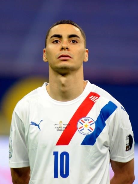 Miguel Almiron of Paraguay looks on prior to a match between Chile and Paraguay as part of Conmebol Copa America Brazil 2021 at Mane Garrincha...