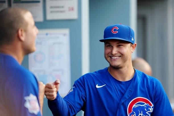 Joc Pederson of the Chicago Cubs in the dugout before the game between the Chicago Cubs and the Los Angeles Dodgers at Dodgers Stadium on Thursday,...