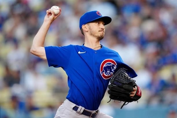 Zach Davies of the Chicago Cubs pitches during the game between the Chicago Cubs and the Los Angeles Dodgers at Dodgers Stadium on Thursday, June 24,...