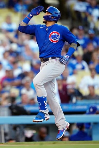 Javier Báez of the Chicago Cubs celebrates after hitting a home run during the game between the Chicago Cubs and the Los Angeles Dodgers at Dodgers...