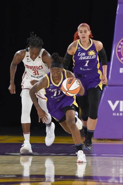 Erica Wheeler of the Los Angeles Sparks dribbles the ball against the Washington Mystics on June 24, 2021 at the Los Angeles Convention Center in Los...