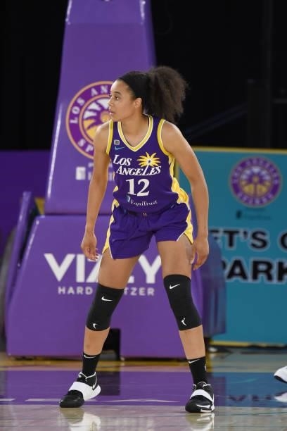 Nia Coffey of the Los Angeles Sparks looks on during the game against the Washington Mystics on June 24, 2021 at the Los Angeles Convention Center in...
