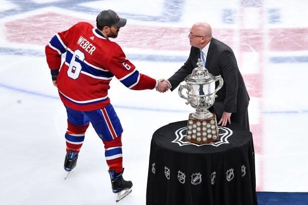 June 24: Capitan Shea Weber of the Montreal Canadiens receives the Clarence S. Campbell Bowl after defeating the Vegas Golden Knights in Game Six of...