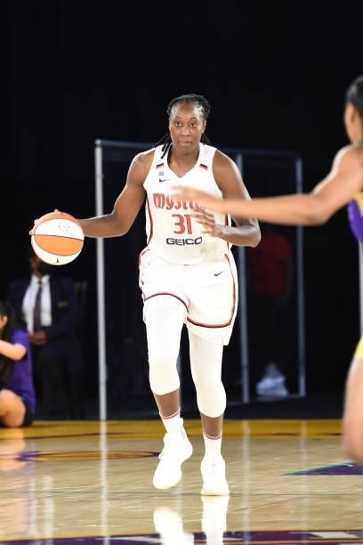 Tina Charles of the Washington Mystics dribbles the ball against the Los Angeles Sparks on June 24, 2021 at the Los Angeles Convention Center in Los...