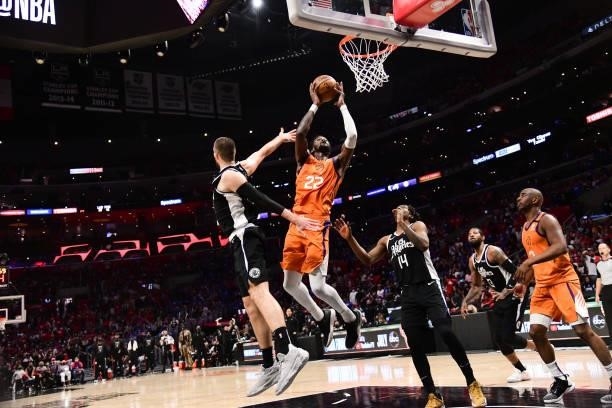 Deandre Ayton of the Phoenix Suns drives to the basket during the game against the LA Clippers during Game 3 of the Western Conference Finals of the...